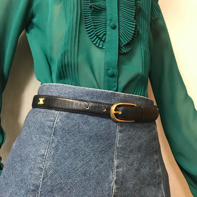 OLD CELINE ブラゾン金具レザーウエスト細ベルト（黒）