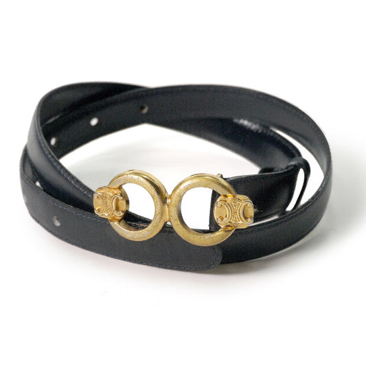 Old Celine ブラゾン×サークル金具レザー細ベルト（黒）