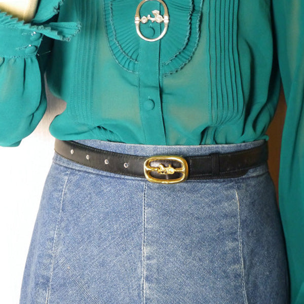 OLD CELINE 馬車バックル レザーウエスト細ベルト（黒）