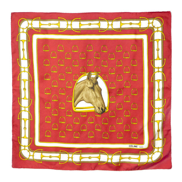 OLD CELINE　馬&ホースビット柄シルク大判スカーフ（赤系）