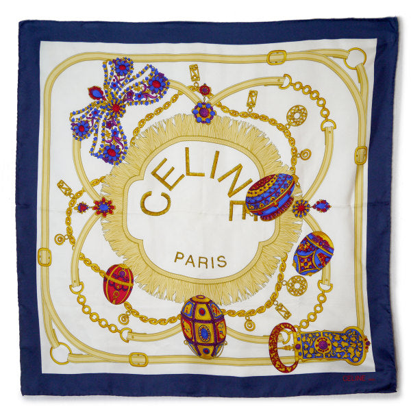 OLD CELINE　ジュエリー柄 大判シルクスカーフ（紺系）