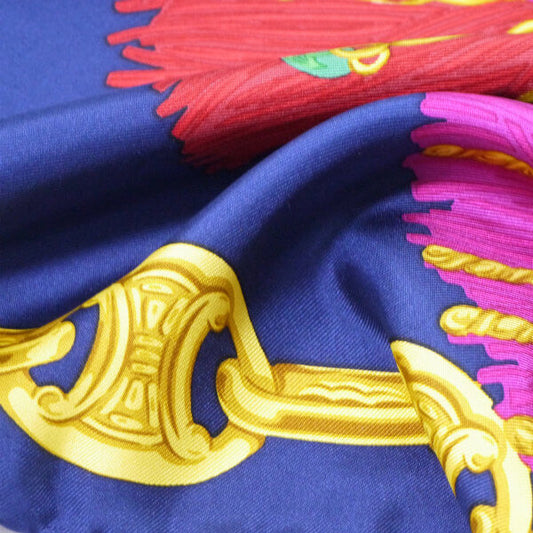 OLD CELINE　フリンジ柄大判シルクスカーフ（紺系）