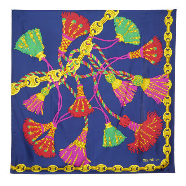 OLD CELINE　フリンジ柄大判シルクスカーフ（紺系）
