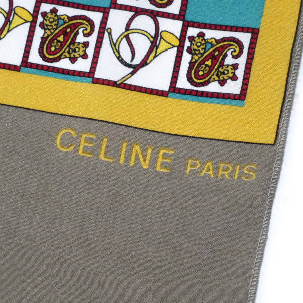セリーヌ　スカーフ シルク　大判　CELINE つえ柄　ベージュ　ペイズリー OLD CELINE ペイズリー柄シルクロングスカーフ（茶・緑系） – Vintage