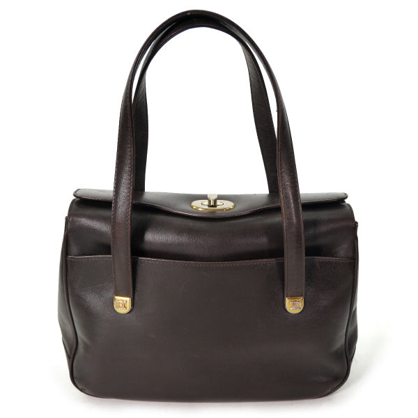 OLD CELINE マカダム金具 総革ターンロック式ハンドバッグ（濃茶）