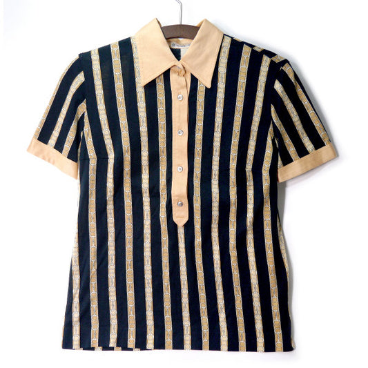 OLD CELINE　ビット柄ストライプ半袖ブラウス（黒×ベージュ）
