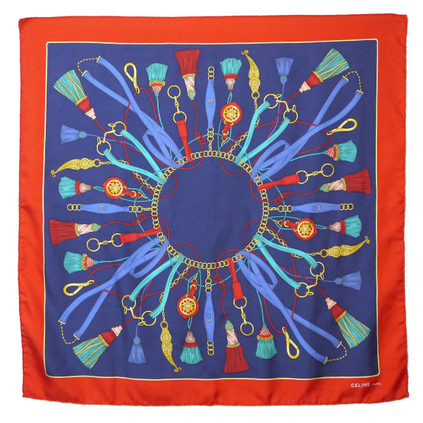 OLD CELINE　フリンジ&チャーム柄大判シルクスカーフ（紺系）