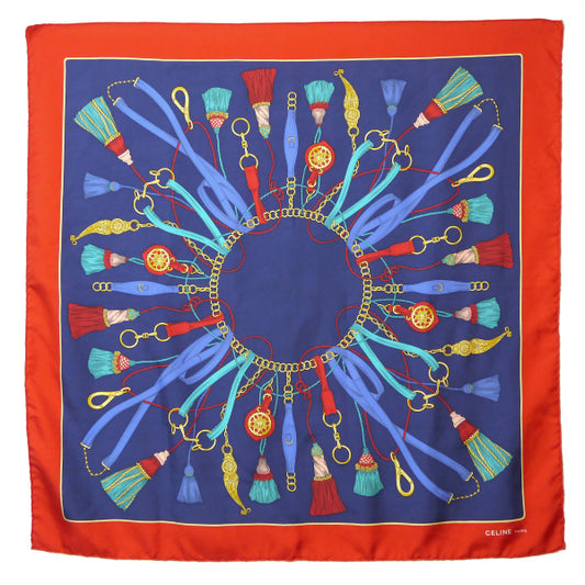 OLD CELINE　フリンジ&チャーム柄大判シルクスカーフ（紺系）