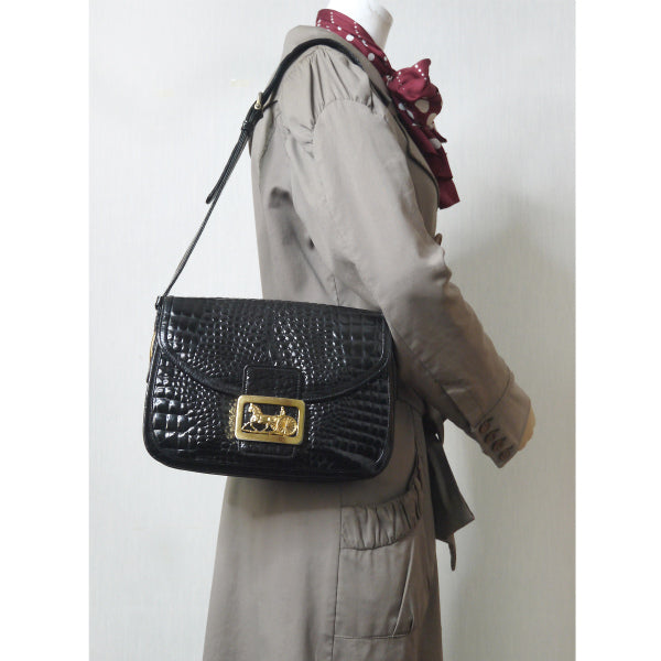 OLD CELINE　馬車金具クロコダイル型押しショルダー（黒）