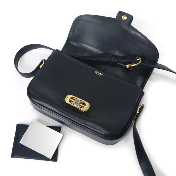 OLD CELINE　ブラゾン金具レザーショルダーバッグ（濃紺）