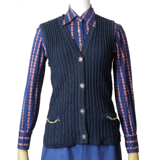 OLD CELINE　マカダムボタン×チェーン薄手ケーブルベスト（紺）