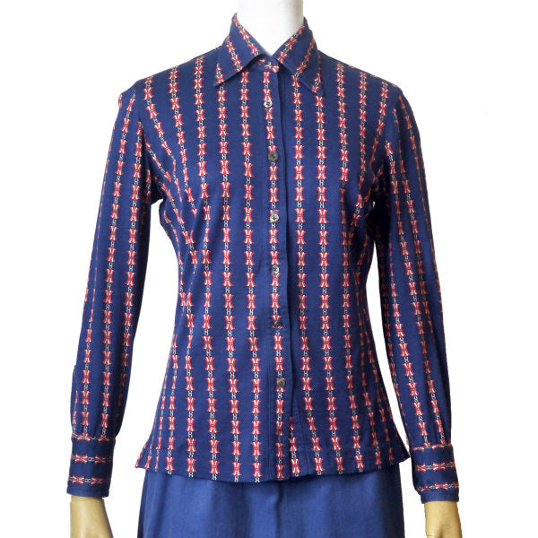 OLD CELINE　レア!!マカダム柄レトロブラウス（紺系）