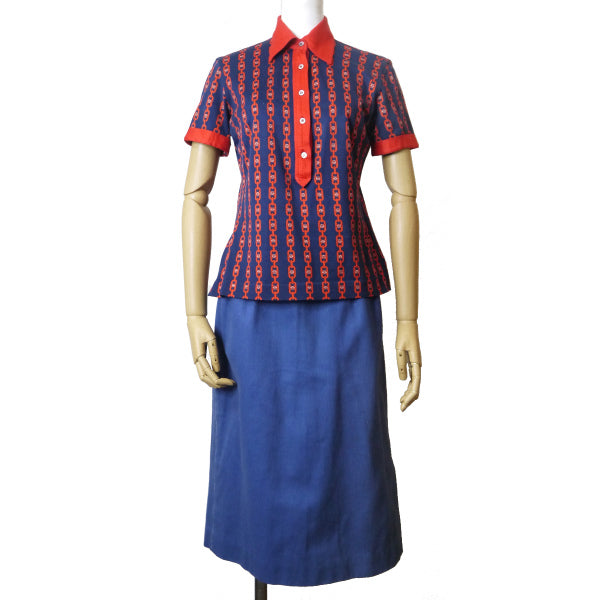 OLD CELINE　レア!!マカダムチェーン柄ポロシャツ（紺＆赤系）