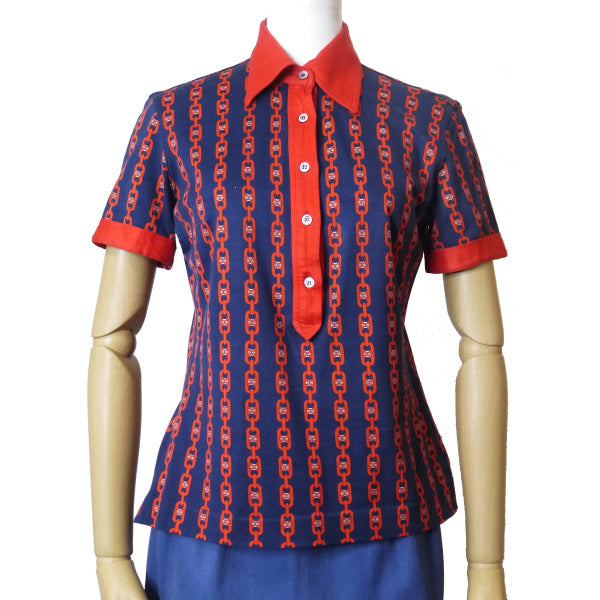 OLD CELINE　レア!!マカダムチェーン柄ポロシャツ（紺＆赤系）