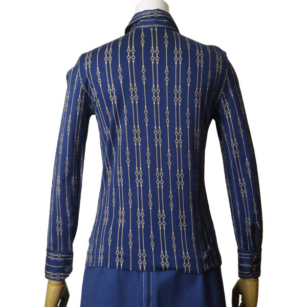 OLD CELINE　ロープチェーン柄レトロブラウス（紺系）