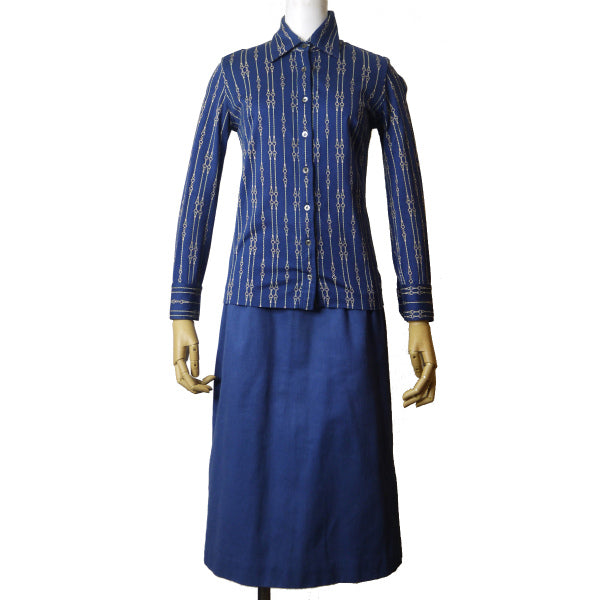 OLD CELINE　ロープチェーン柄レトロブラウス（紺系）