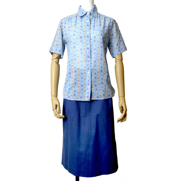 OLD CELINE　レア!!フラワー柄レトロ半袖ブラウス（水色）