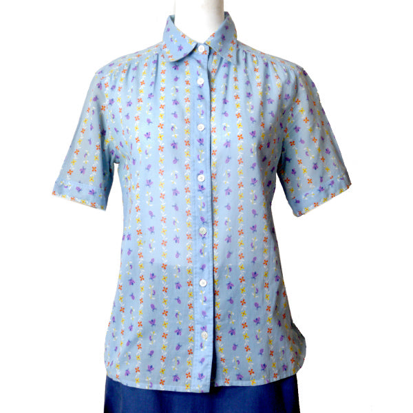 OLD CELINE　レア!!フラワー柄レトロ半袖ブラウス（水色）