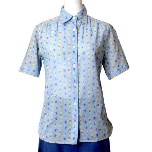 OLD CELINE　レア!!フラワー柄レトロ半袖ブラウス（水色）
