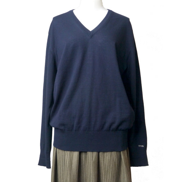 OLD CELINE　袖ロゴVネックウールニット（紺）