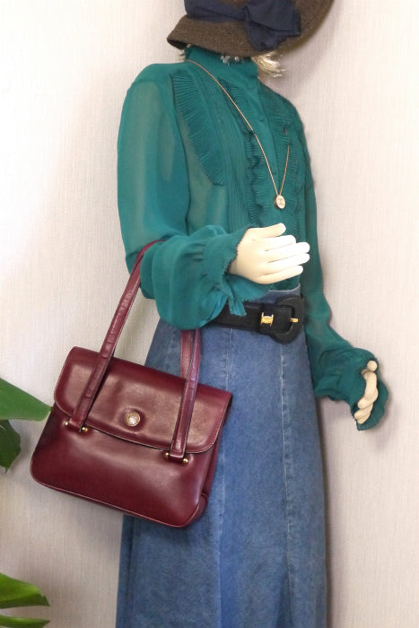 Old Celine　ブラゾン金具総革ハンドバッグ（ボルドー）
