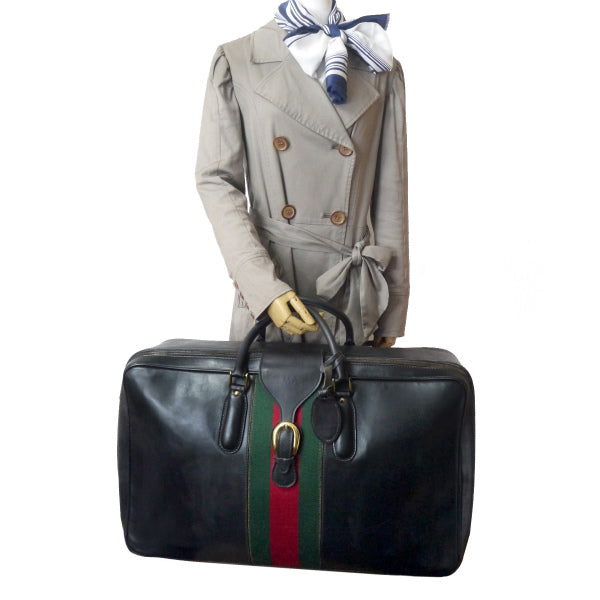 OLD Gucci　シェリー&ベルト 中型レザースーツケース（黒）