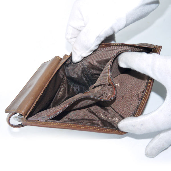 Pierre cardin Pロゴ本革レトロ折財布（茶）