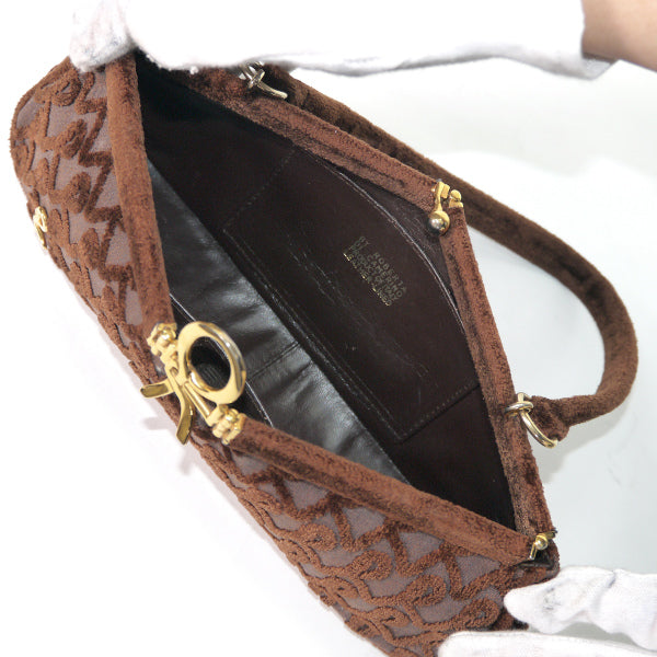 Roberta　R柄モケット ミニハンドバッグ（茶）