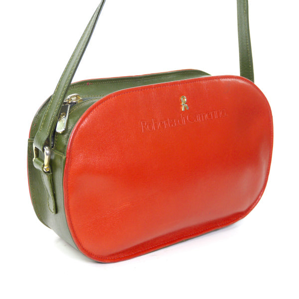 Roberta　バイカラー総革ラウンドポシェット(赤×緑)