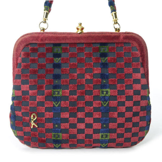 ロベルタ　モケット市松模様がま口ショルダー（赤系）