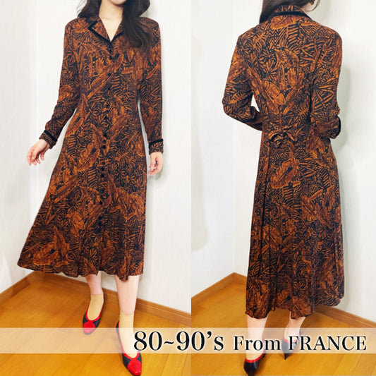 Rococo's SELECT　リーフ柄vintageワンピース（茶系）