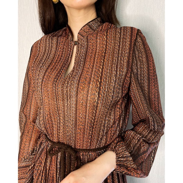 Rococo's SELECT　プリーツプリントvintageシフォンワンピース（茶系）