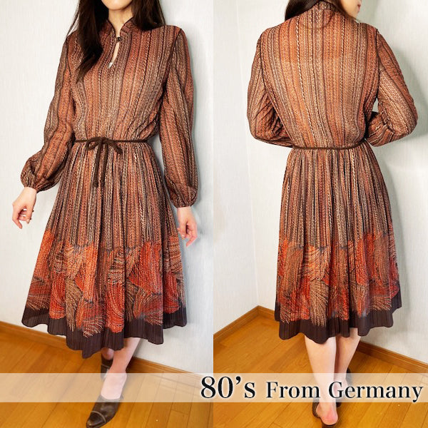 Rococo's SELECT　プリーツプリントvintageシフォンワンピース（茶系）