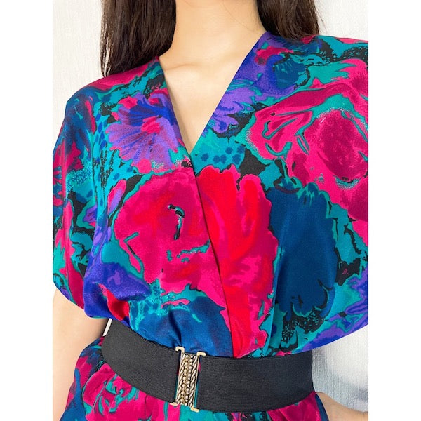 Rococo's SELECT　花柄vintageVネックフレアスリーブワンピース