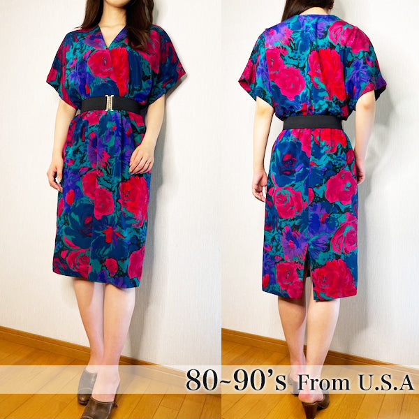 Rococo's SELECT　花柄vintageVネックフレアスリーブワンピース