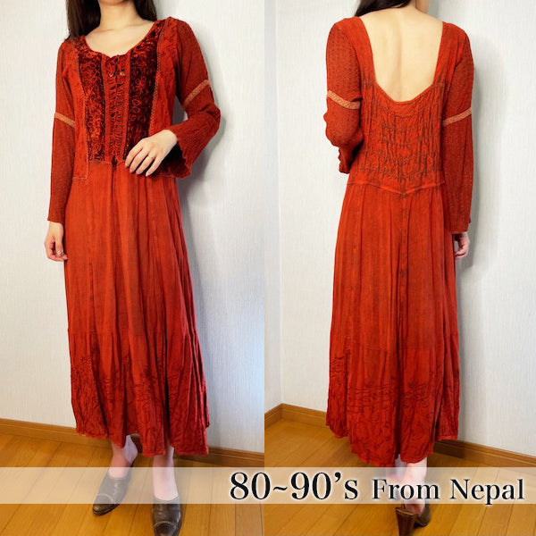 Rococo's SELECT　エスニック刺繍vintageロングワンピース（赤）