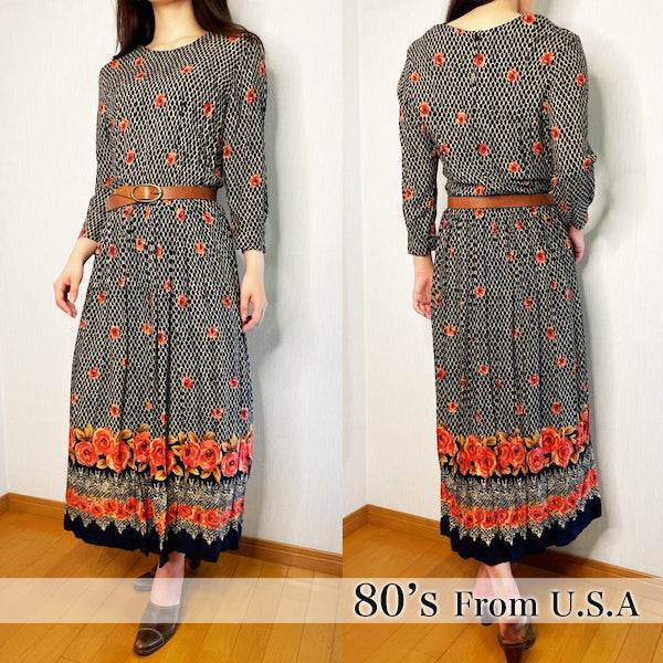 Rococo's SELECT　ローズプリントvintageロングワンピース（黒系）