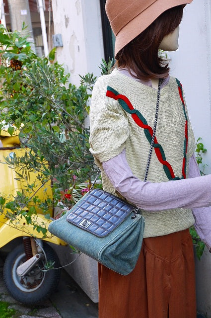 CHANELデニム　アコーディオンＷチェーンショルダー