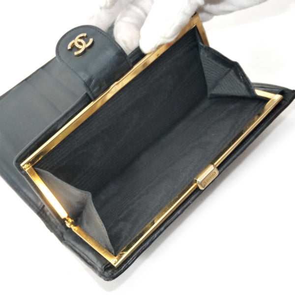 OLD CHANEL　マトラッセがま口長財布（黒/ラムスキン）