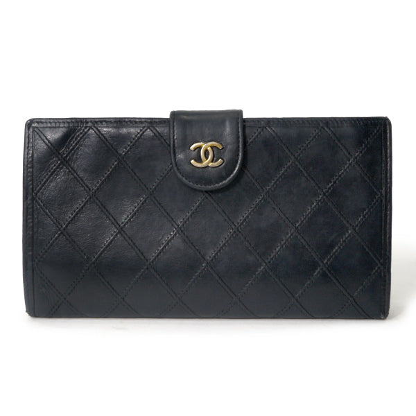 OLD CHANEL　マトラッセがま口長財布（黒/ラムスキン）