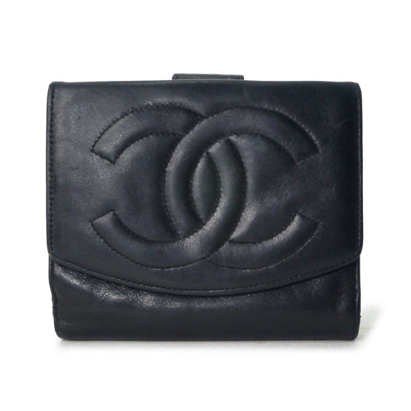 OLD CHANEL　ココステッチWホック折財布（黒/ラムスキン）
