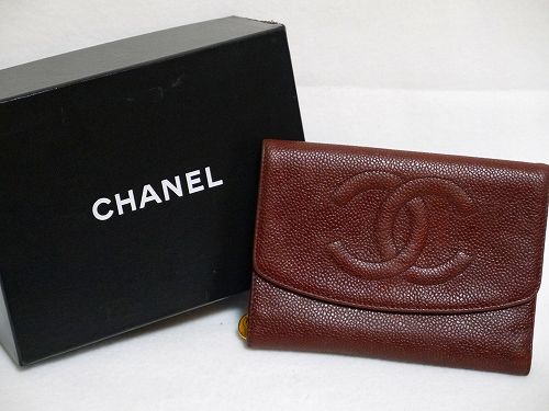 CHANEL3つ折れガマ口財布キャビアスキン（茶）