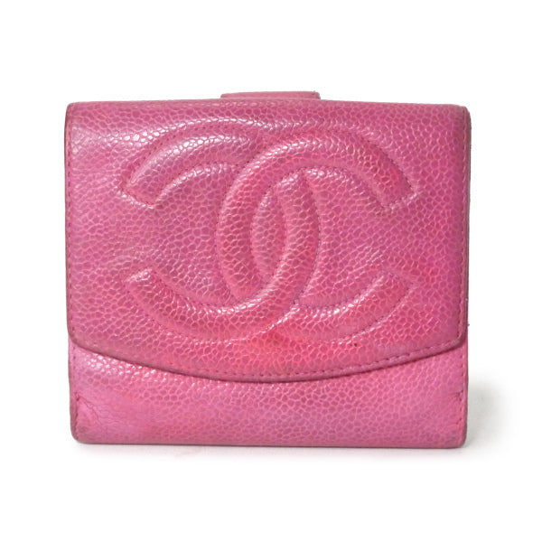 OLD CHANEL　＜訳あり＞ココステッチWホック折財布（ピンク/キャビアスキン）
