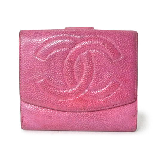 OLD CHANEL　＜訳あり＞ココステッチWホック折財布（ピンク/キャビアスキン）