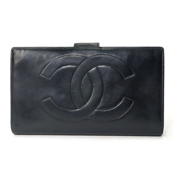 OLD CHANEL ココステッチがま口長財布（黒/ラムスキン）