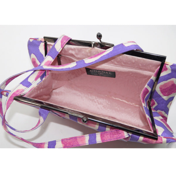 CHANEL　レトロ柄コットン がま口トート(パープル×ピンク)