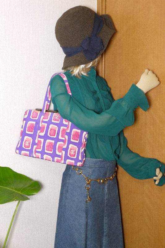 CHANEL　レトロ柄コットン がま口トート(パープル×ピンク)