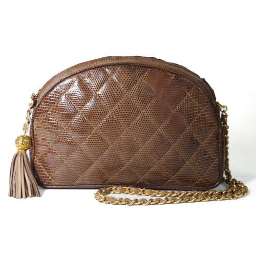 OLD CHANEL　フリンジチェーンショルダー（リザード・茶）