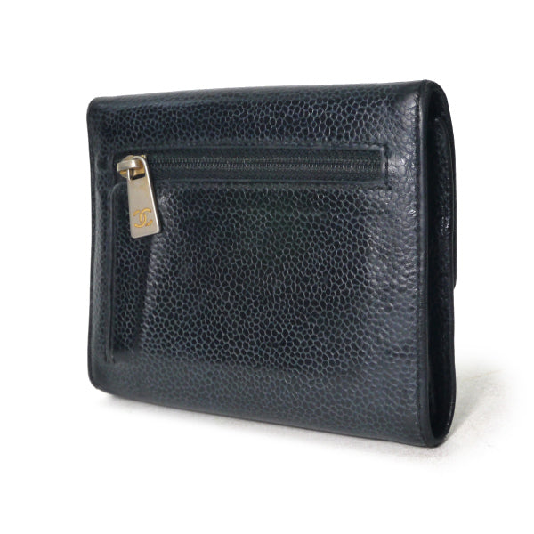 OLD CHANEL　ココステッチ三つ折財布（黒/キャビアスキン）