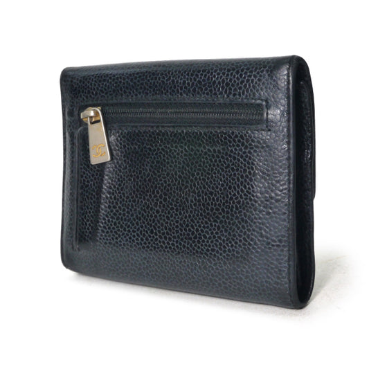 OLD CHANEL　ココステッチ三つ折財布（黒/キャビアスキン）